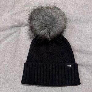 The North Face Black Knit Hat with Gray Pom